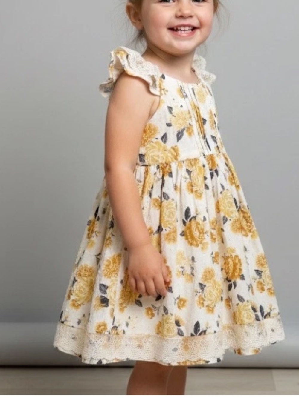 Tahari Girls Yellow Floral Cotton Dress with Ruffle Sleeves 5T